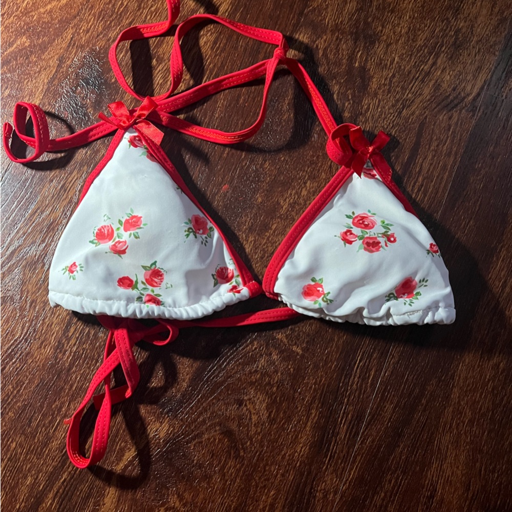 Floral Red and White Bikini Top